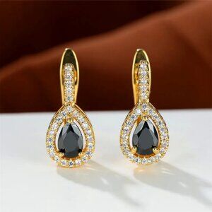 14K Gold Womens 2ct Black Onyx 1ct Diamond Hanging Drop Gemstone Earrings NEW